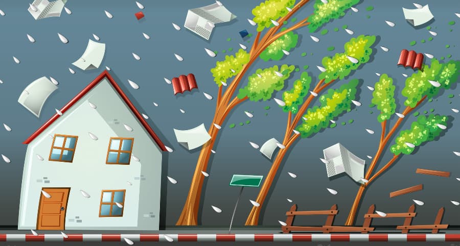 Illustration of a storm affecting a residence and the surrounding environs